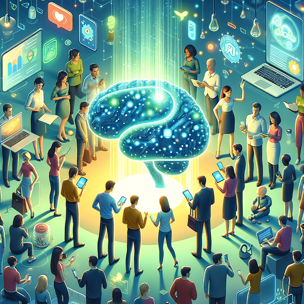 Drawing of people looking at an artificial intelligence