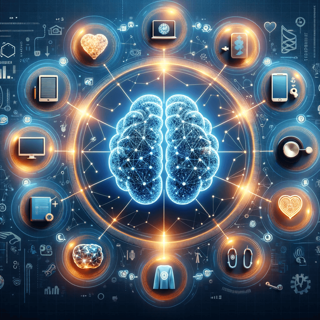 Drawing of artificial intelligence with icons coming out of it